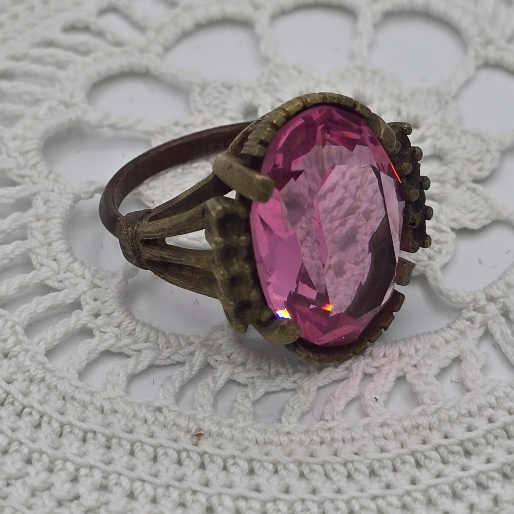 Vintage ESPO Joseph Esposito Ring Huge Pink Glass Stone Statement 18KT HGE 6 old